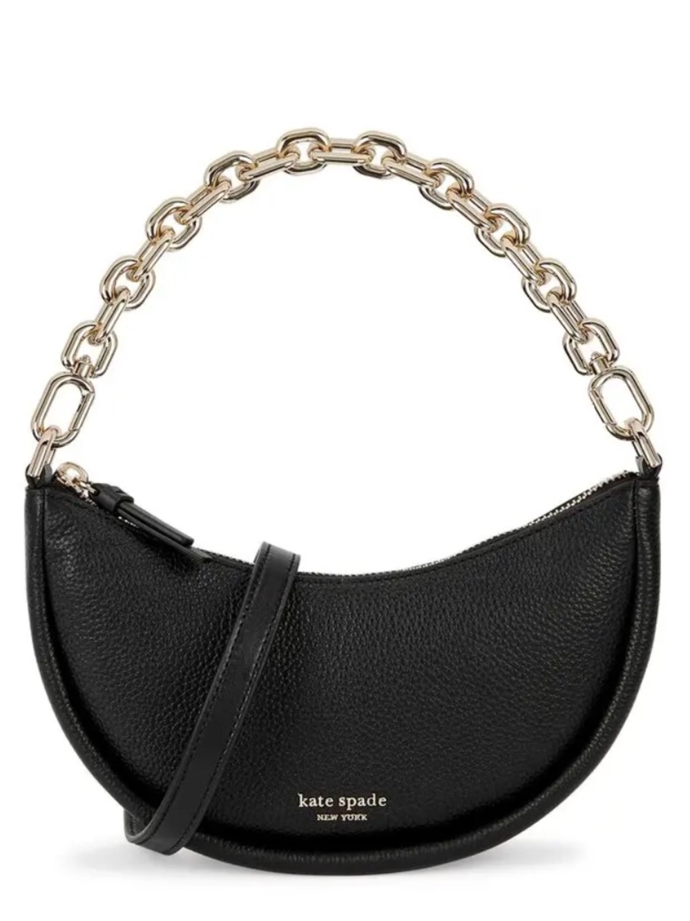 Kate Spade Black Smile Small Crescent Leather Shoulder Bag w/ Gold Chain